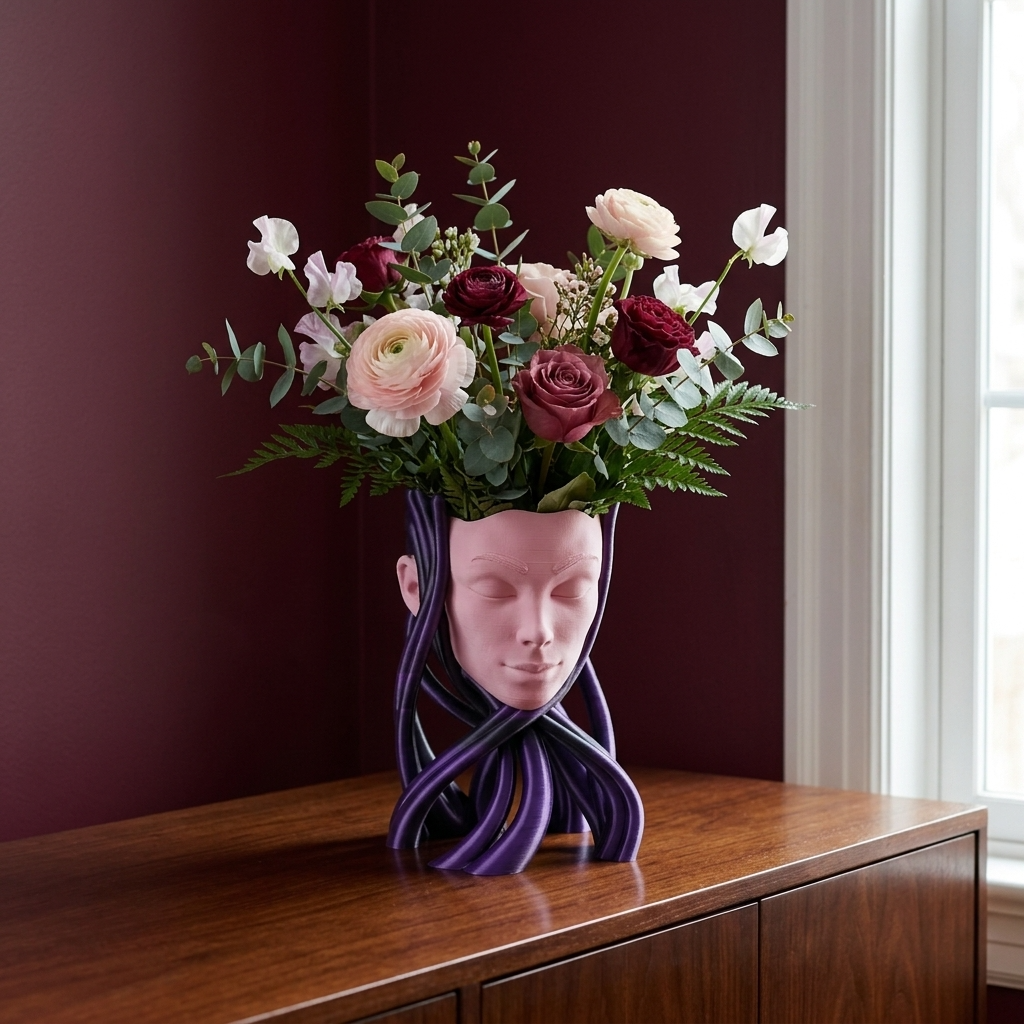 Vaza Decorativa Ethereal Muse cu design artistic de chip uman si flori colorate pe mobila maro