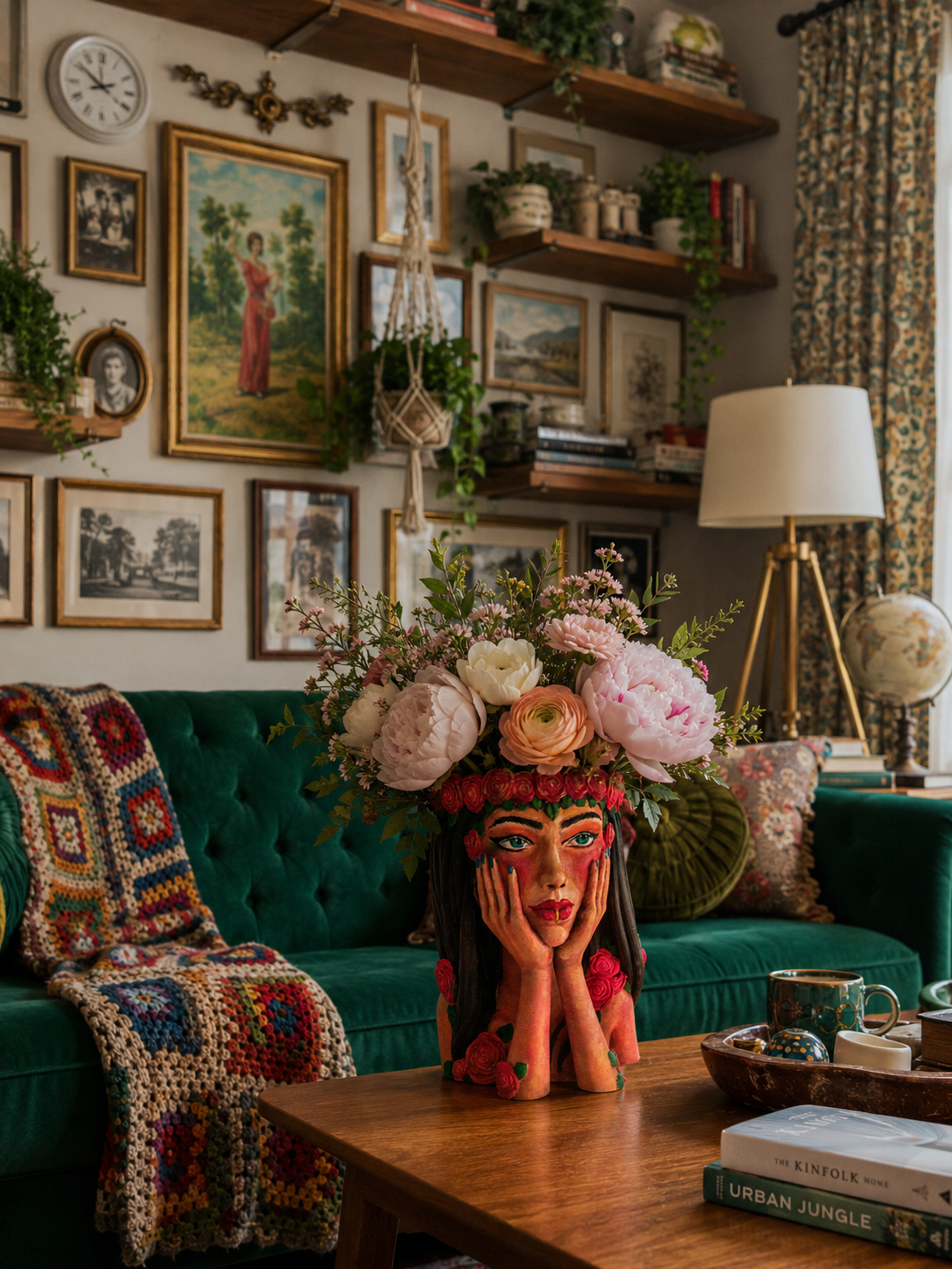 Vază sculpturală Crimson Reverie în decor boem eclectic, cu bujori și flori pastelate