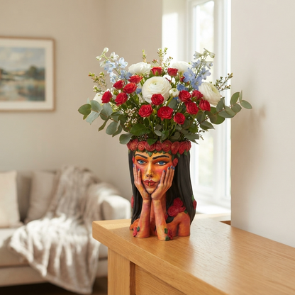 Vază decorativă Crimson Reverie într-un living modern, cu buchet de trandafiri roșii și albi