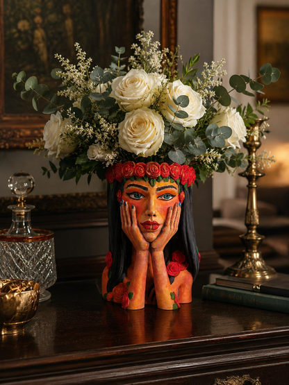 Vază Crimson Reverie într-un decor de lux, cu trandafiri albi și accente aurii