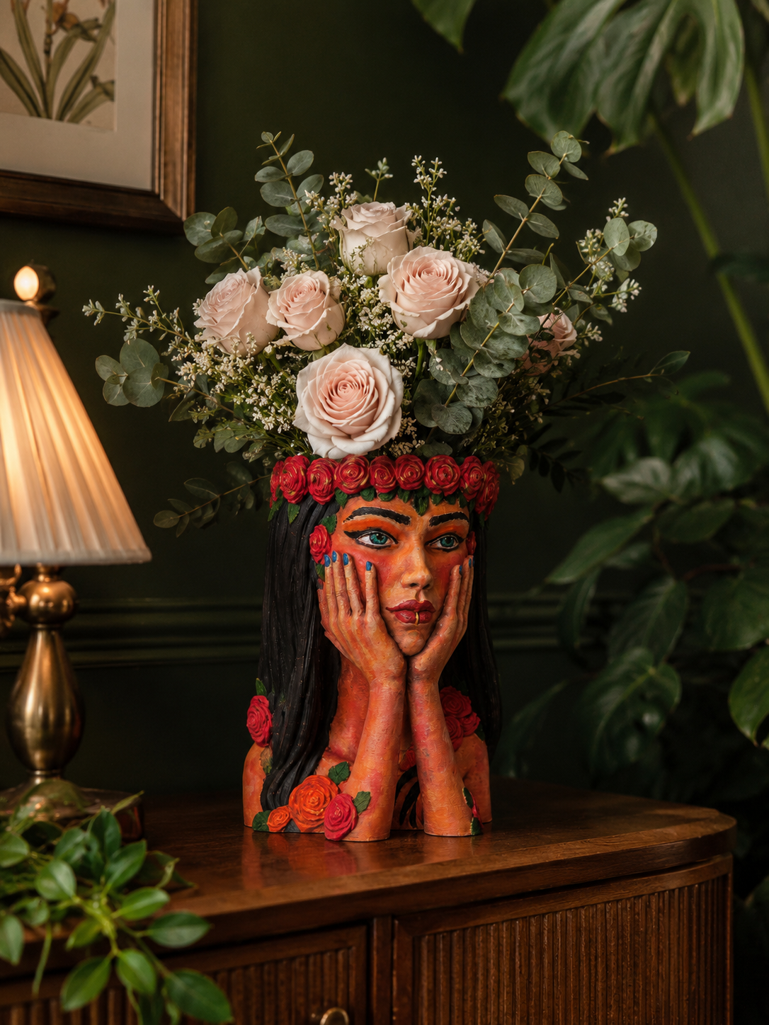 Vază decorativă Crimson Reverie în decor botanic verde, cu trandafiri roz pal