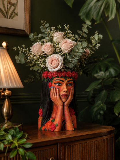 Vază decorativă Crimson Reverie în decor botanic verde, cu trandafiri roz pal