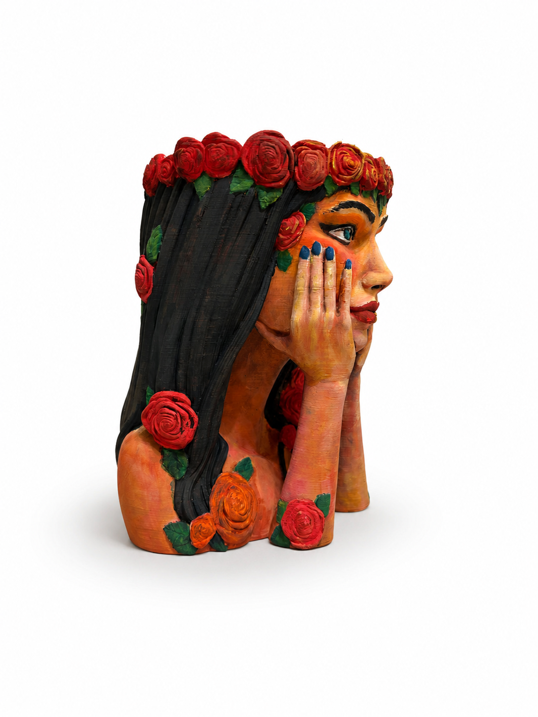 Vază Crimson Reverie pictată manual, vedere din profil, portret feminin și trandafiri în relief