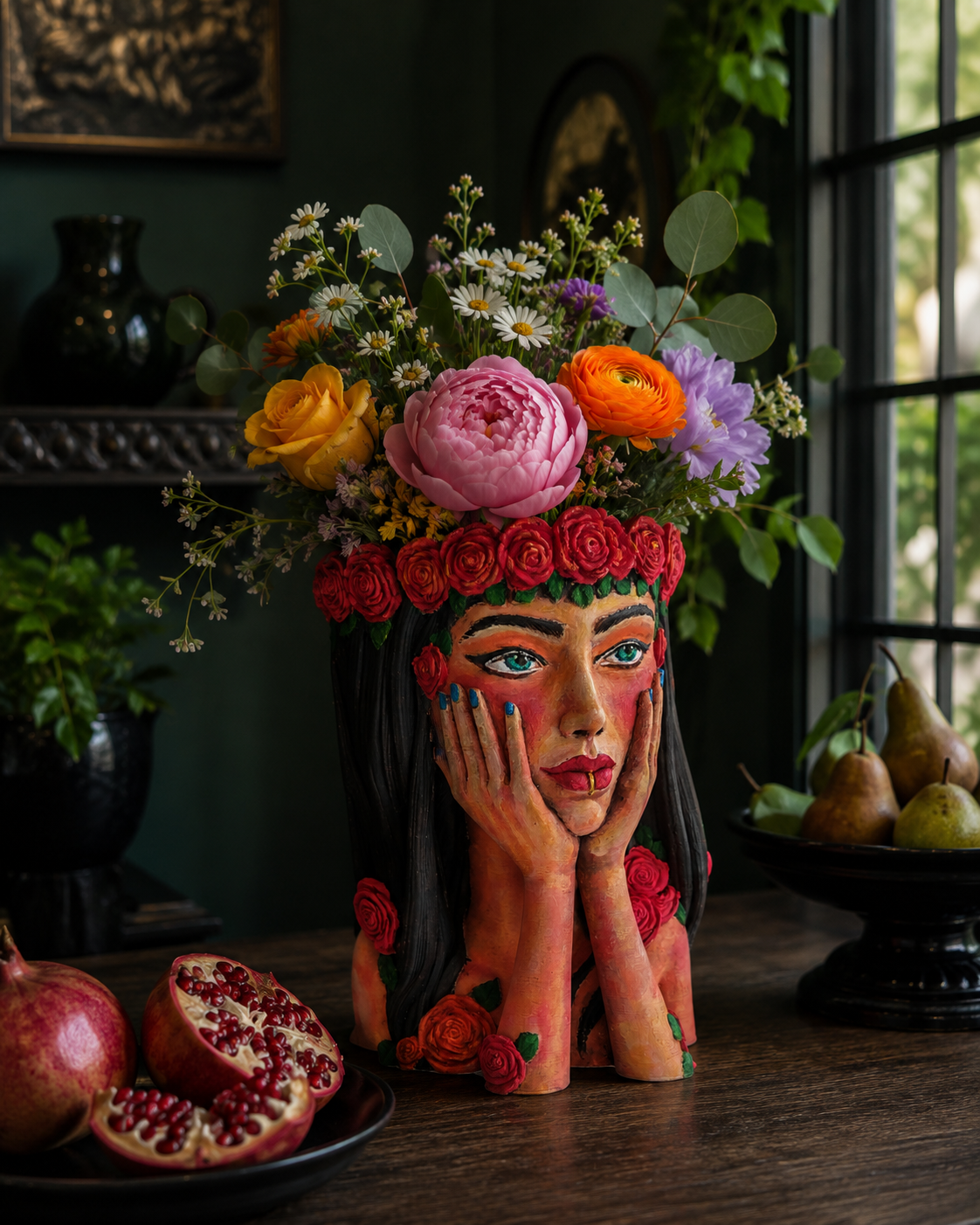 Vază decorativă Crimson Reverie alături de rodii, pere și flori multicolore