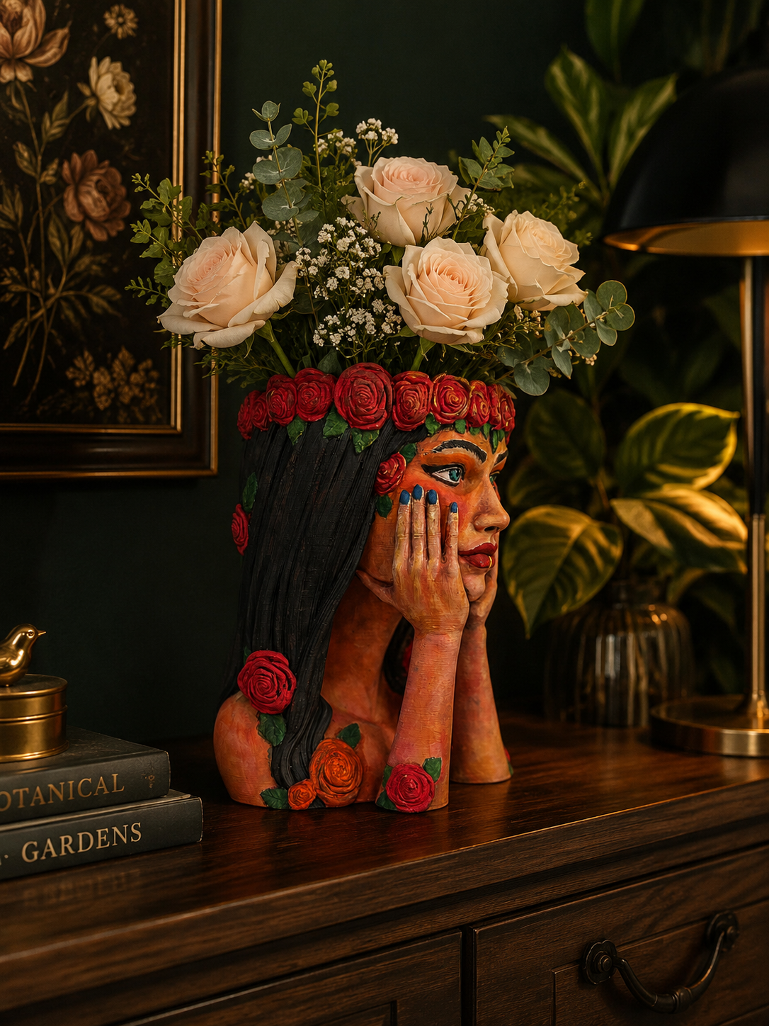 Vază decorativă Crimson Reverie cu trandafiri albi, pe comodă vintage cu cărți și plante