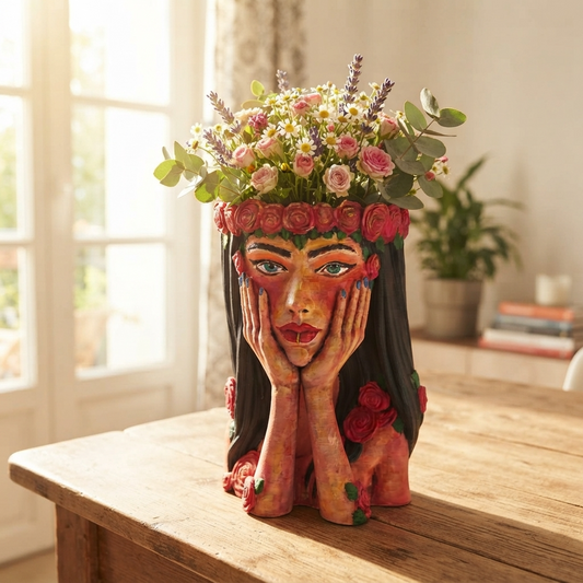 Vază sculpturală Crimson Reverie pe masă de lemn, cu flori de câmp roz și lavandă