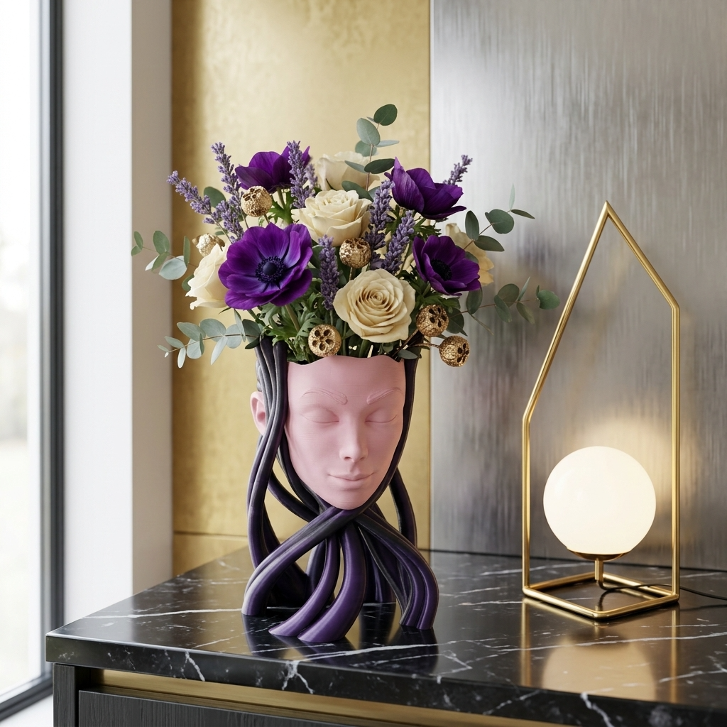 Vaza Decorativa Ethereal Muse cu design artistic fata si flori mov si albe pe masa din marmura neagra