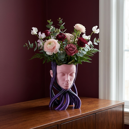 Vaza Decorativa Ethereal Muse cu design artistic de chip uman si flori colorate pe mobila maro