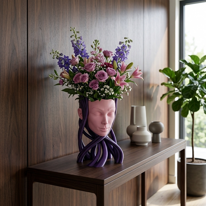 Vaza Decorativa Ethereal Muse cu design cap feminin mov și flori colorate într-un decor modern