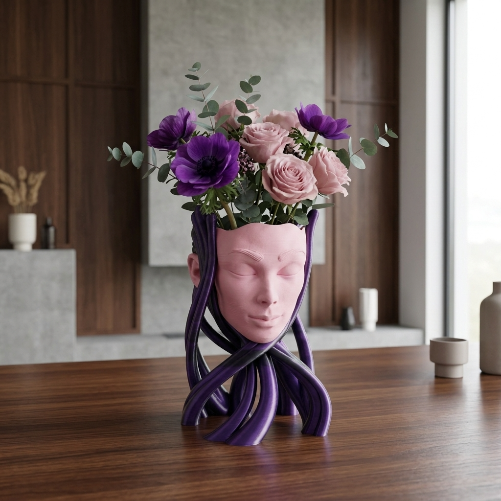 Vaza decorativa Ethereal Muse roz cu flori mov si roz, design artistic si modern pentru decor interior