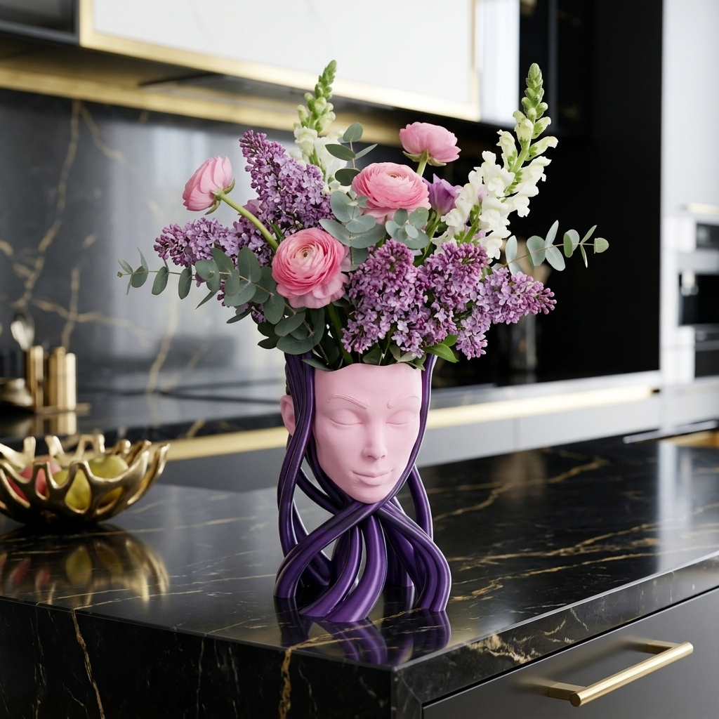 Vaza Decorativa Ethereal Muse roz si mov cu design artistic cap feminin si flori naturale colorate