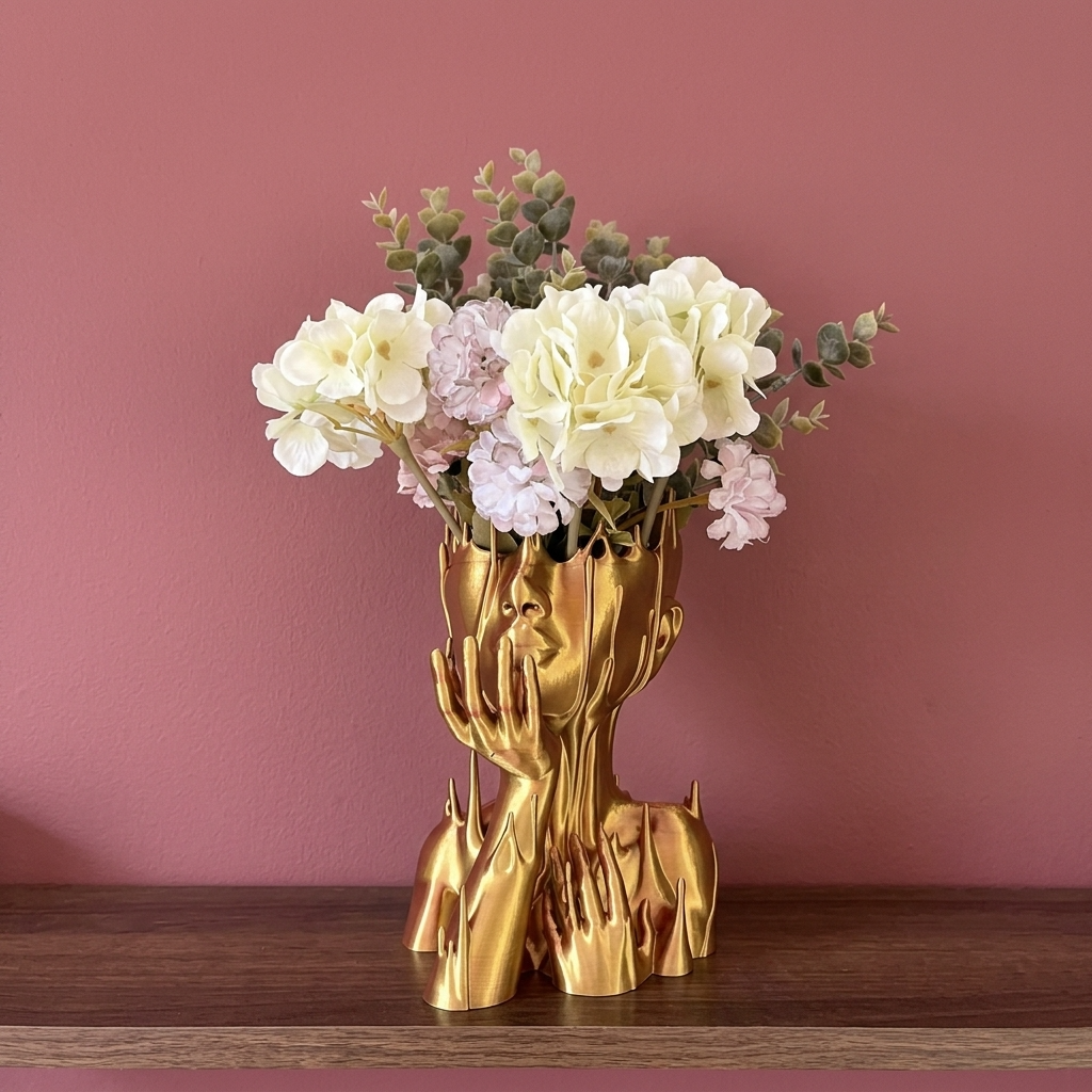 Vaza decorativa Muse Gold aurie in forma de chip feminin cu maini, decorata cu flori albe si roz