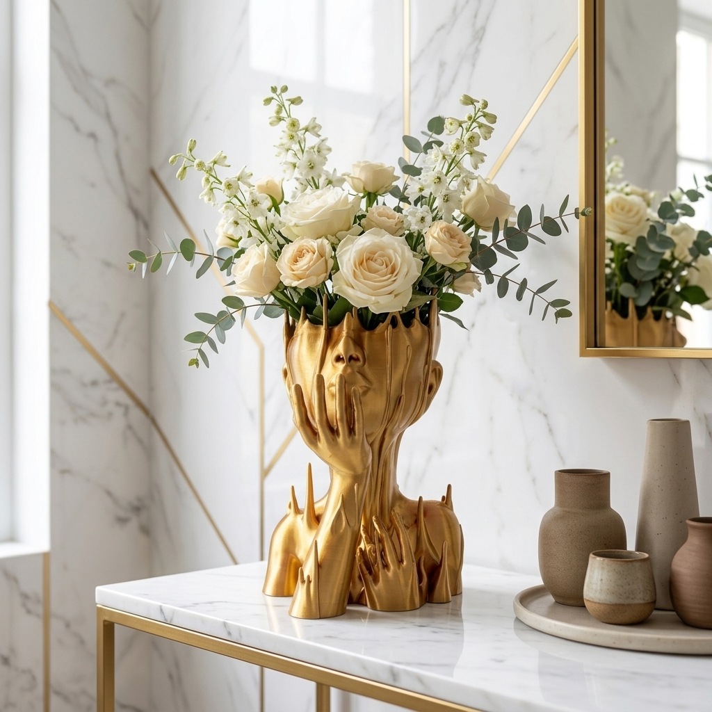 Vaza decorativa Muse Gold aurie cu design artistic formeaza un aranjament floral elegant pe masa alba