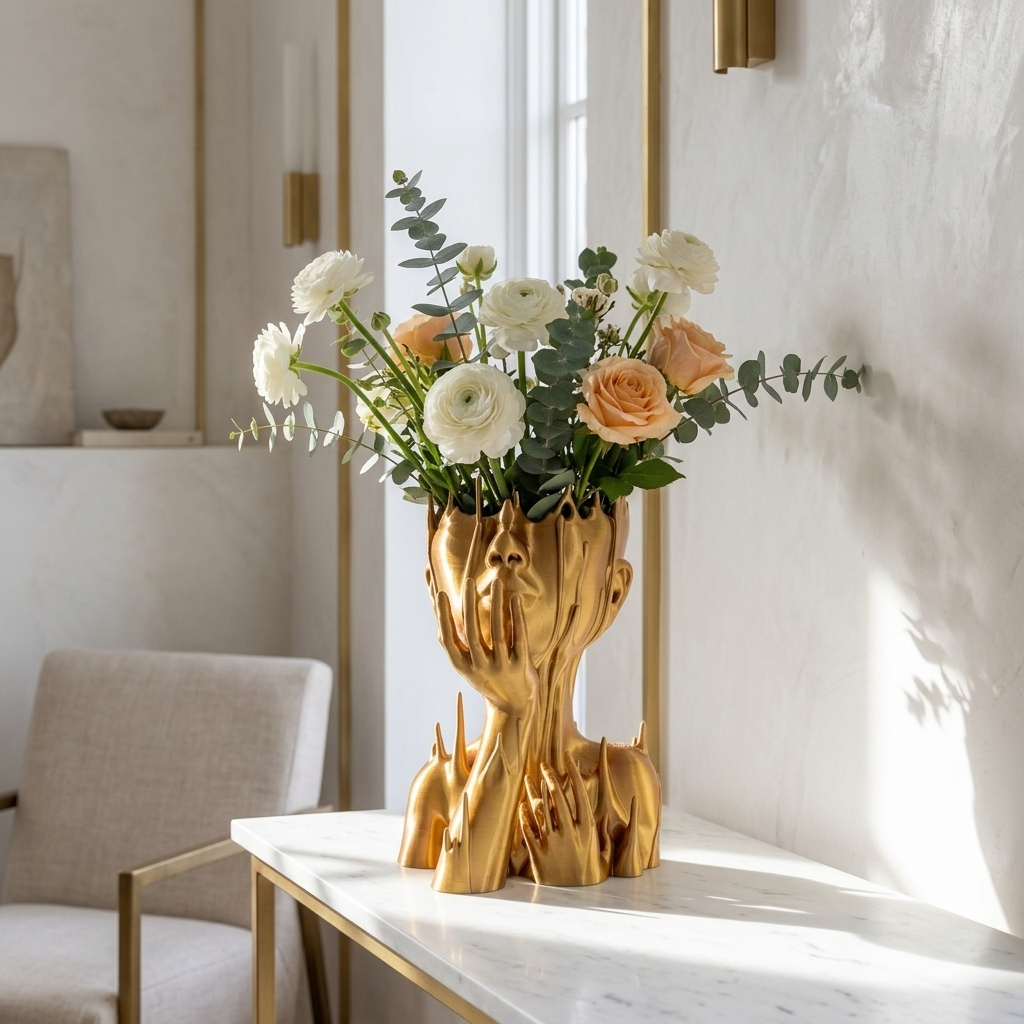Vaza decorativa Muse Gold cu design artistic maini si flori albe si portocalii in interior