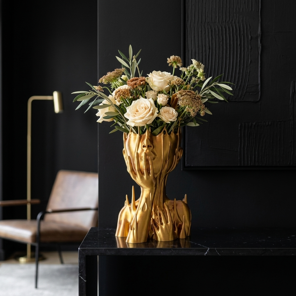Vaza decorativa Muse Gold aurie cu design artistic si flori albe aranjate in interior