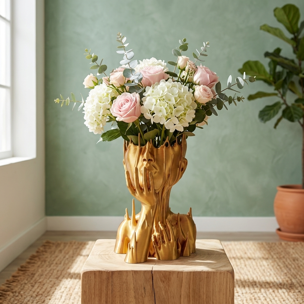 Vaza decorativa Muse Gold aurie cu design artistic si buchet de flori albe si roz in interior