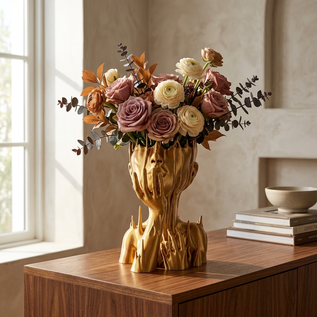 Vaza decorativa Muse Gold aurie in forma de chip cu flori roz si crem pe masa din lemn