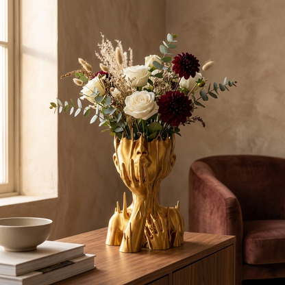Vaza decorativa Muse Gold aurie cu design artistic in forma de fata si maini, decorata cu flori albe si burgundy