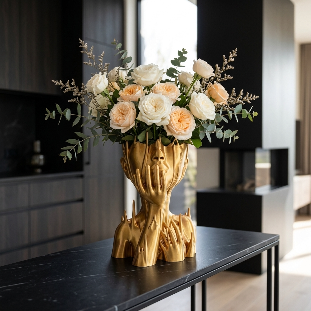 Vaza decorativa Muse Gold aurie cu design artistic si flori albe si piersici pe masa neagra moderna
