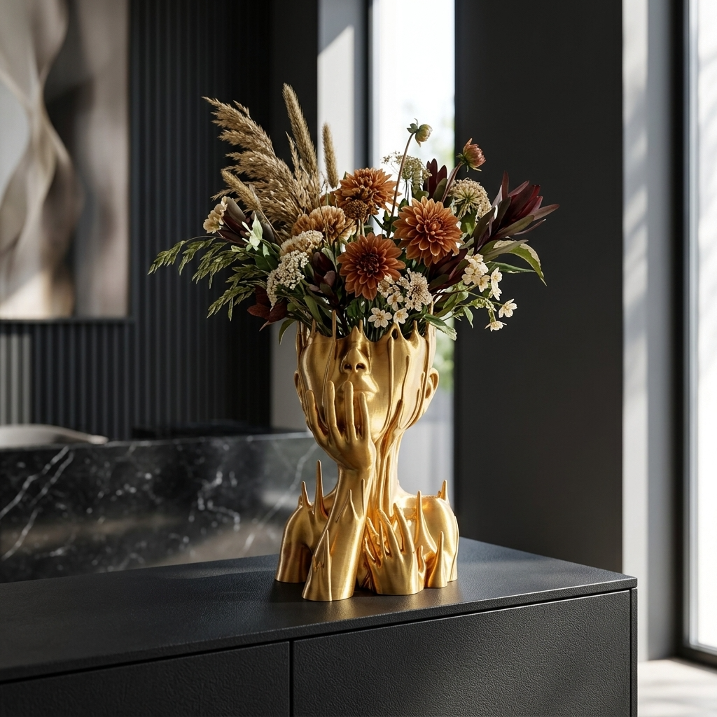 Vaza decorativa Muse Gold aurie cu design artistic si flori uscate pentru decor interior modern