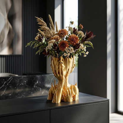 Vaza decorativa Muse Gold aurie cu design artistic si flori uscate pentru decor interior modern