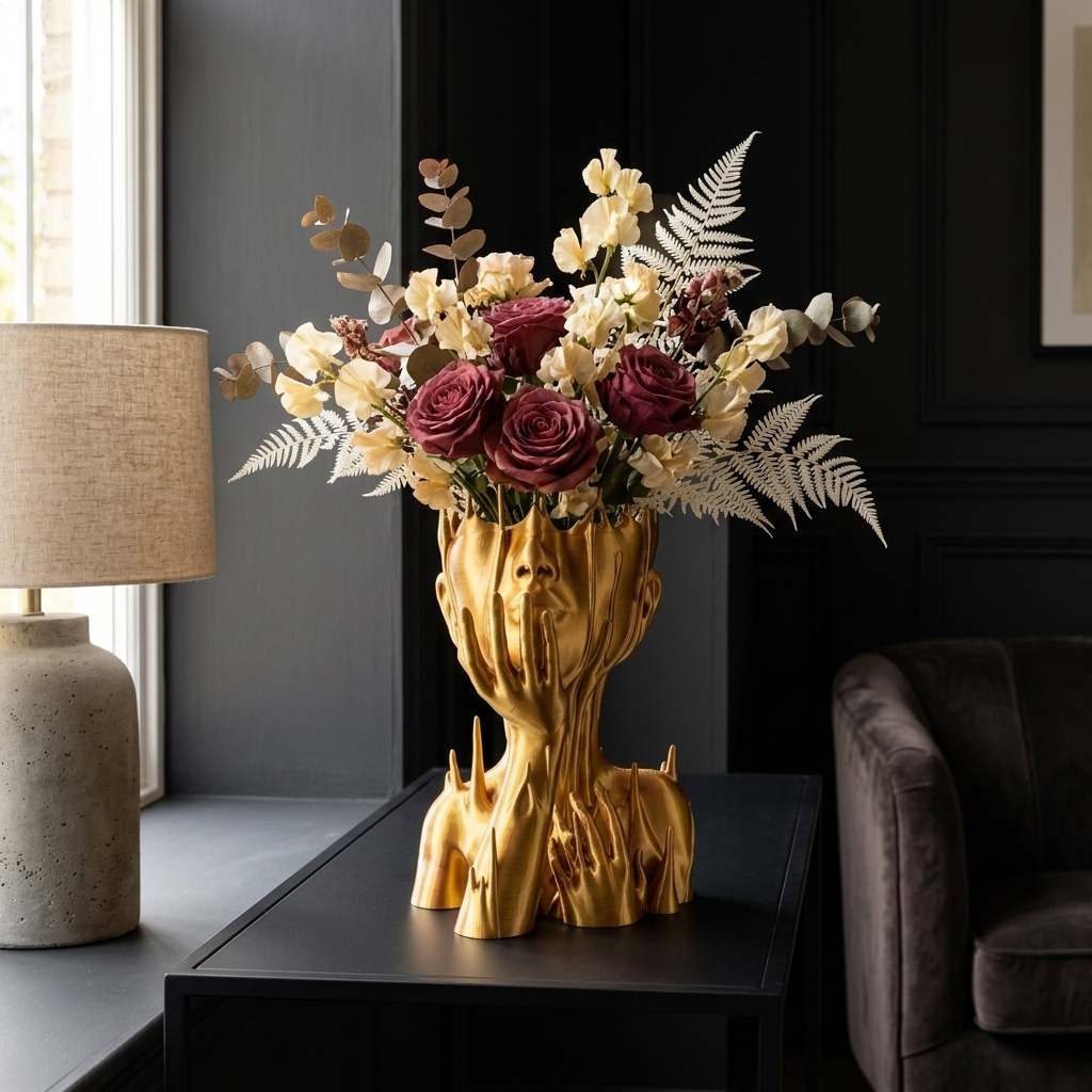Vaza decorativa Muse Gold in forma de cap cu maini aurii si flori artificiale multicolore