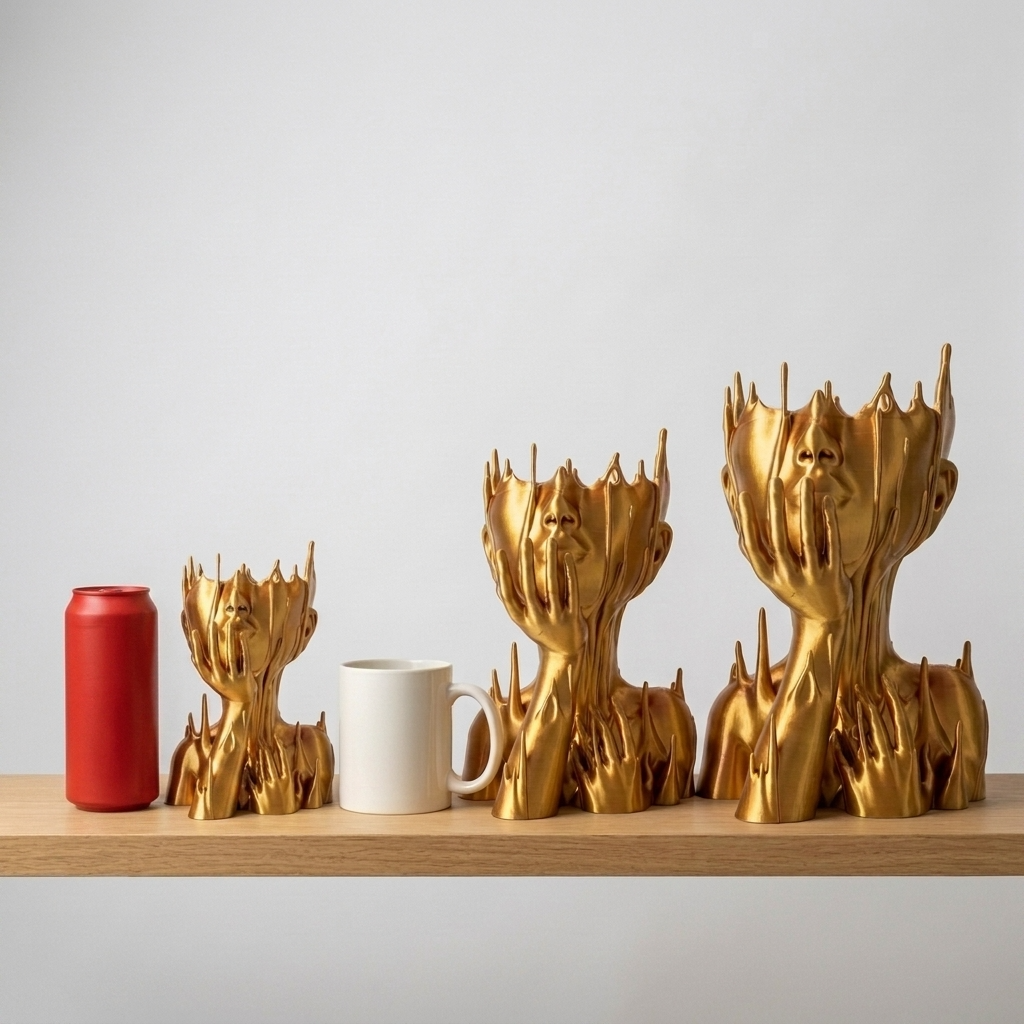 Set de trei vase decorative aurii Vaza decorativa Muse Gold expuse pe raft lângă cană și cutie roșie