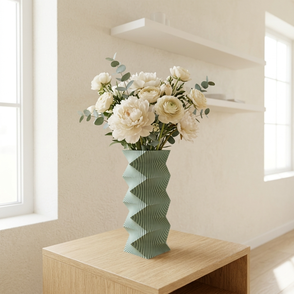 Vază Decorativă Sage Geometry verde cu flori albe așezată pe o masă de lemn în decor modern