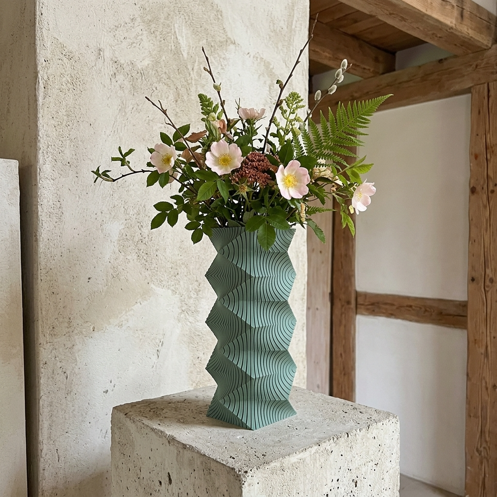 Vază Decorativă Sage Geometry verde cu design geometric și aranjament floral în interior rustic
