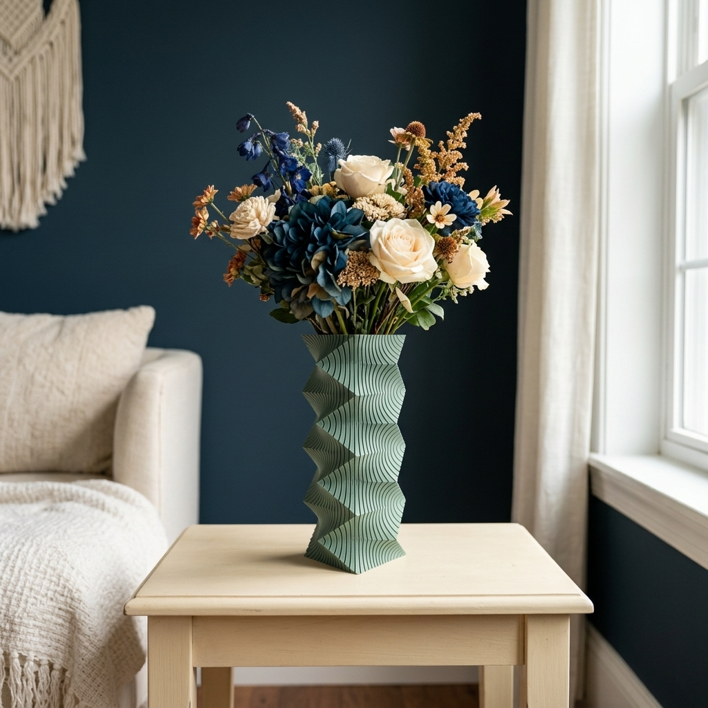 Vază Decorativă Sage Geometry cu design geometric și buchet colorat pe masă lângă canapea