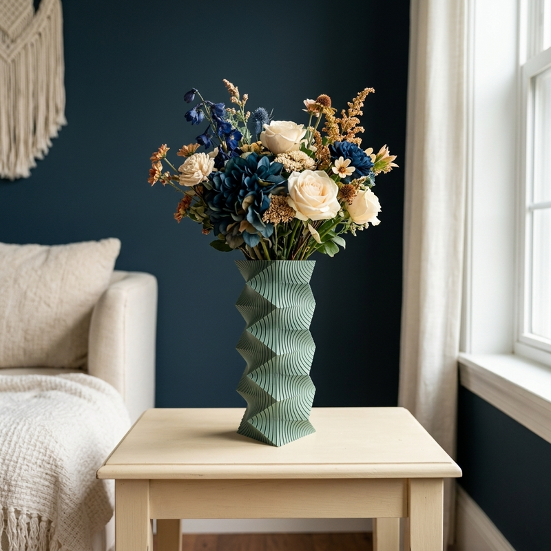 Vază Decorativă Sage Geometry cu design geometric și buchet colorat pe masă lângă canapea